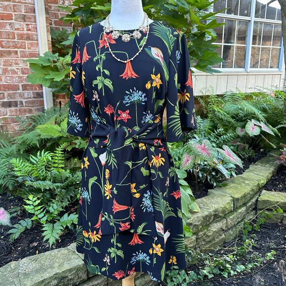 Ann Taylor Black Fall Floral Belted Lined Mini Dress Sz 10 NWT - Picture 1 of 10